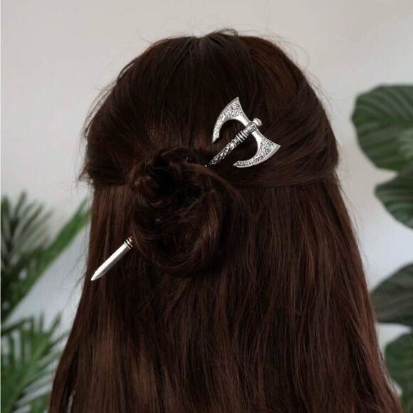Vintage Inspired Viking Axe Hair Accessory, Engraved, Silver Tone, Easy … - Picture 2 of 4